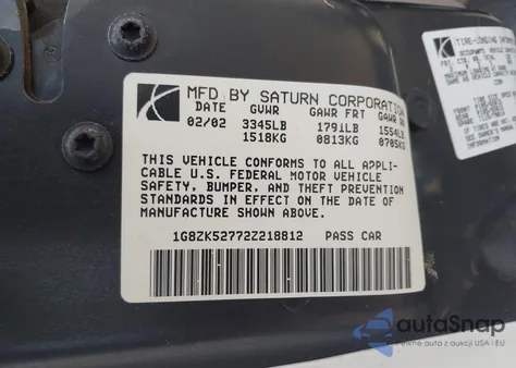 2002 Saturn S-Series Sl2 from USA, damaged, VIN 1G8ZK52772Z218812